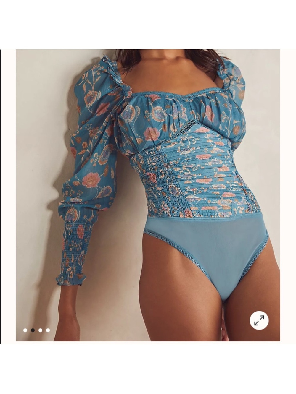 Free People Sky Blue Floral Puff-Sleeve Smocked Bodysuit